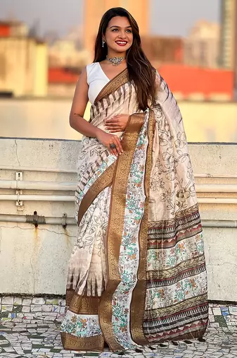 Brown printed chanderi crush printed saree with blouse