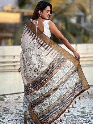 Brown printed chanderi crush printed saree with blouse 4