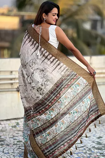 Brown printed chanderi crush printed saree with blouse