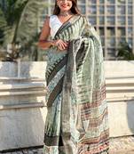 Green printed chanderi crush printed saree with blouse