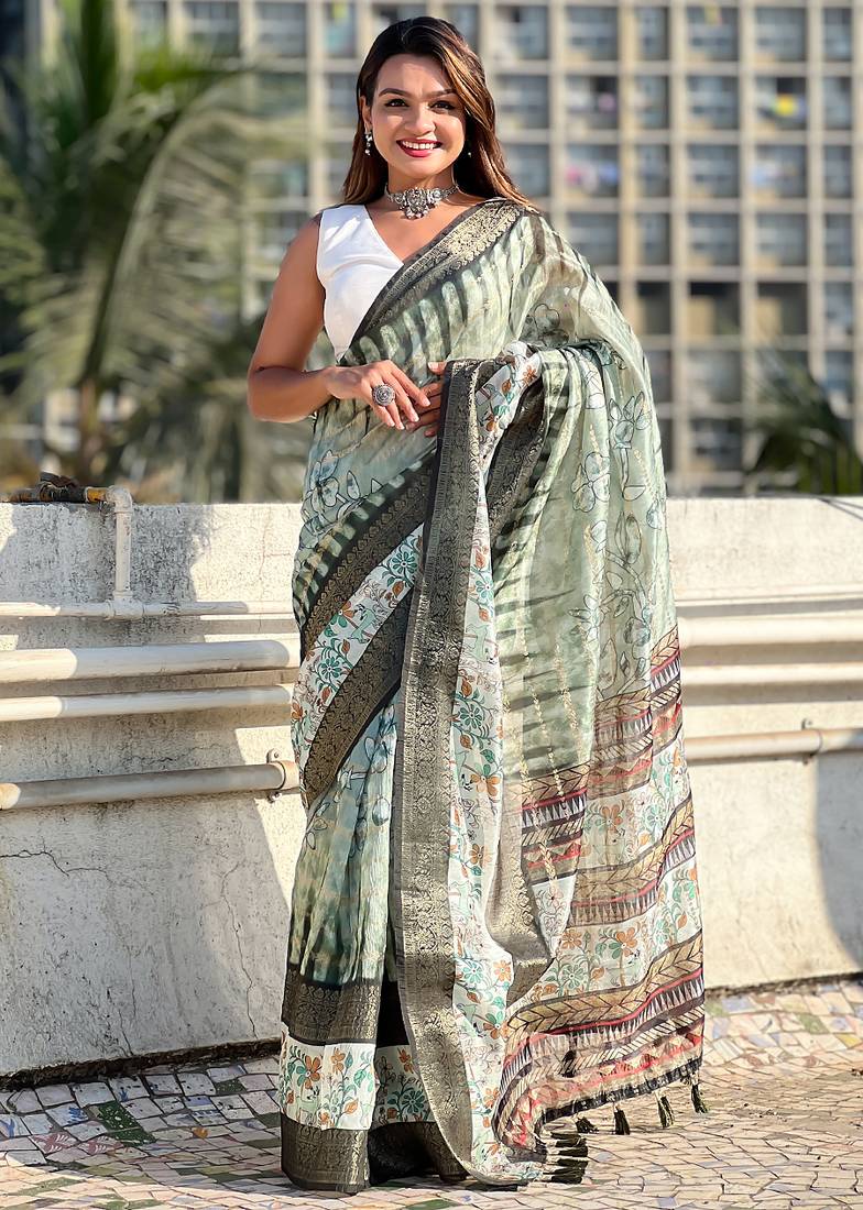 Green printed chanderi crush printed saree with blouse