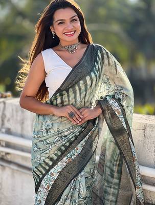Green printed chanderi crush printed saree with blouse 2