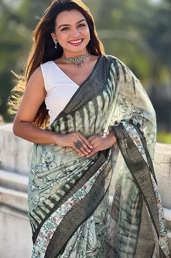 Green printed chanderi crush printed saree with blouse