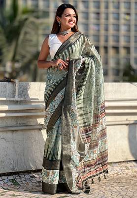 Green printed chanderi crush printed saree with blouse 3