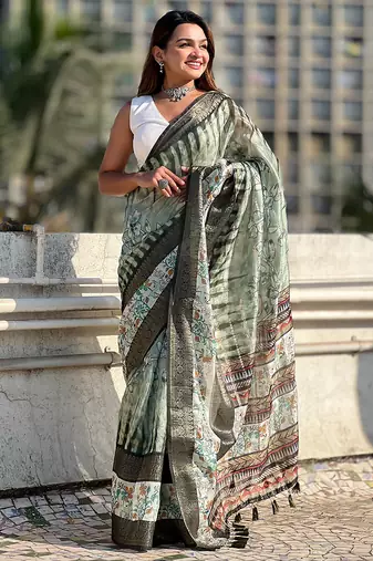 Green printed chanderi crush printed saree with blouse