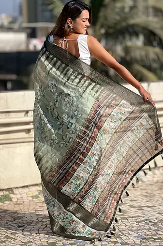 Green printed chanderi crush printed saree with blouse