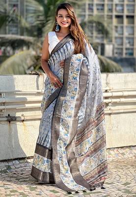 Grey printed chanderi crush printed saree with blouse 1