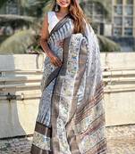 Grey printed chanderi crush printed saree with blouse