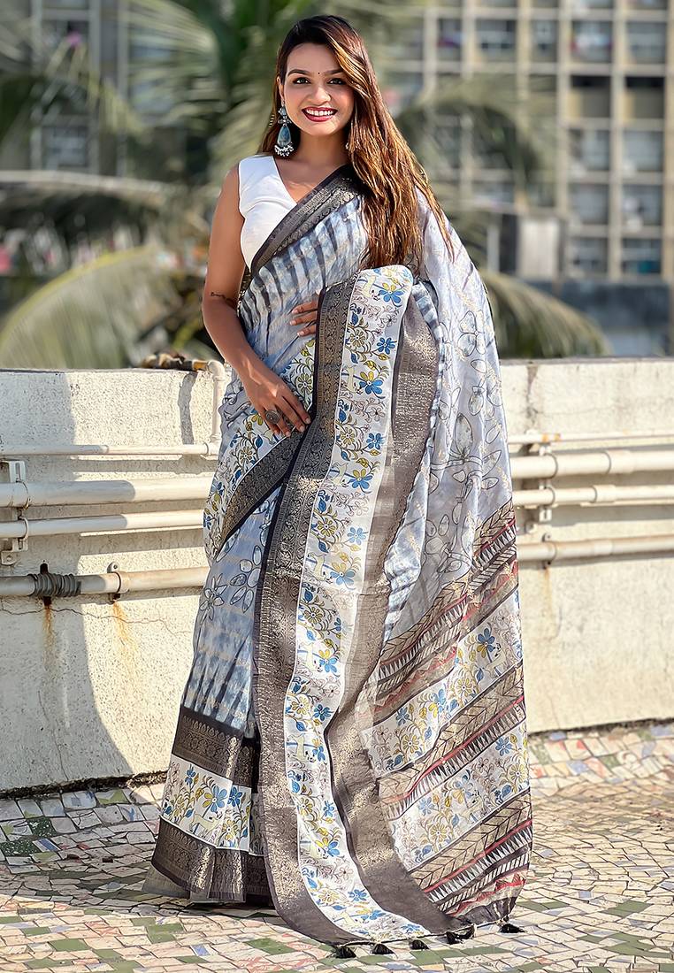 Grey printed chanderi crush printed saree with blouse