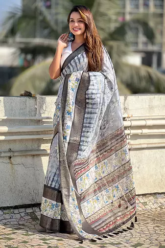 Grey printed chanderi crush printed saree with blouse