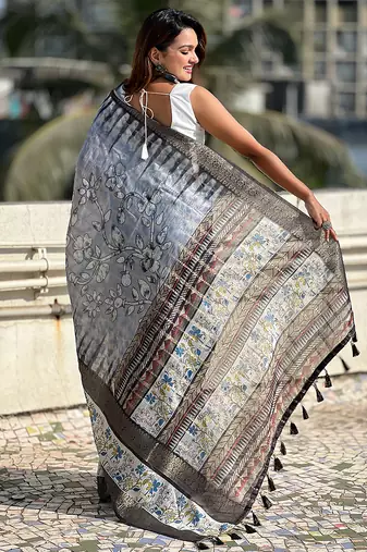 Grey printed chanderi crush printed saree with blouse