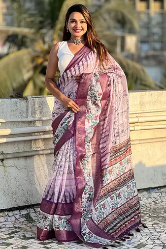 Lavender printed chanderi crush printed saree with blouse