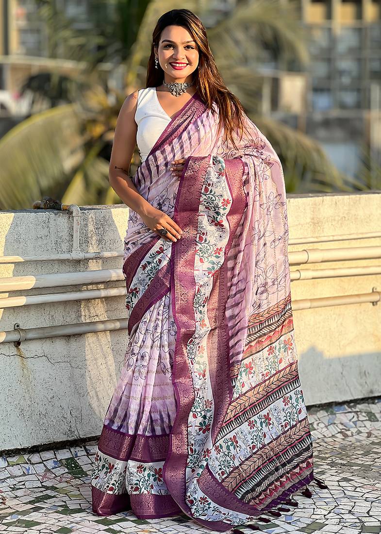 Lavender printed chanderi crush printed saree with blouse
