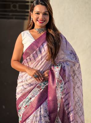 Lavender printed chanderi crush printed saree with blouse 2