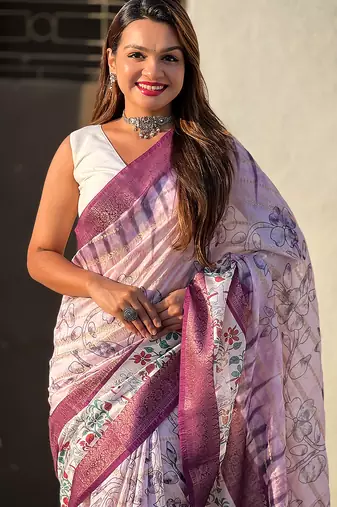 Lavender printed chanderi crush printed saree with blouse
