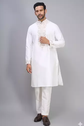 men’s off white silk kurta set with rich embroidery