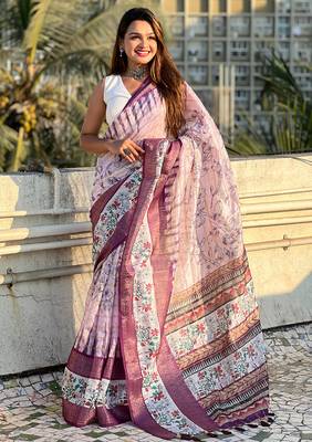 Lavender printed chanderi crush printed saree with blouse 3