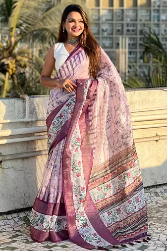 Lavender printed chanderi crush printed saree with blouse