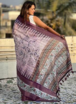 Lavender printed chanderi crush printed saree with blouse 4