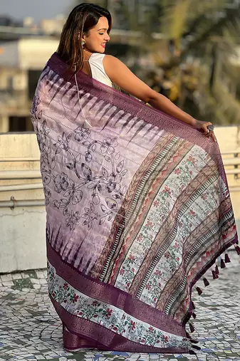 Lavender printed chanderi crush printed saree with blouse