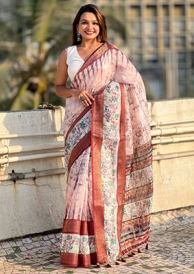 Maroon printed chanderi crush printed saree with blouse 1