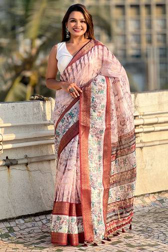 Maroon printed chanderi crush printed saree with blouse