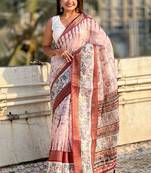 Maroon printed chanderi crush printed saree with blouse