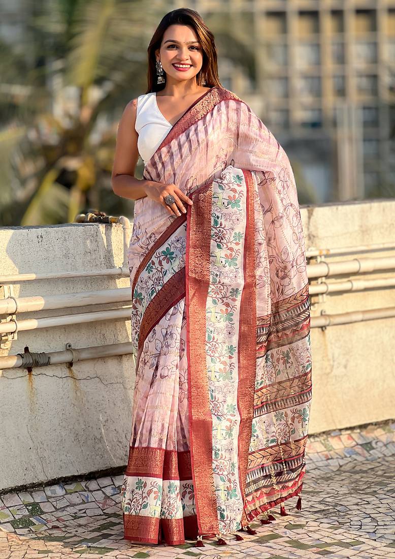 Maroon printed chanderi crush printed saree with blouse