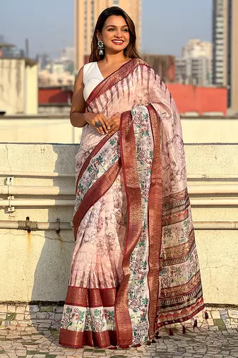 Maroon printed chanderi crush printed saree with blouse