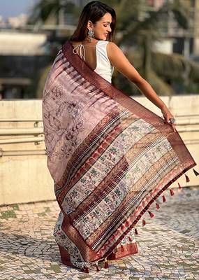 Maroon printed chanderi crush printed saree with blouse 4