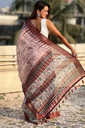 Maroon printed chanderi crush printed saree with blouse