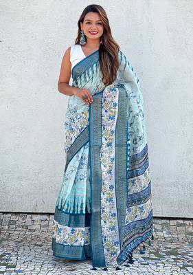 Sky blue printed chanderi crush printed saree with blouse 1
