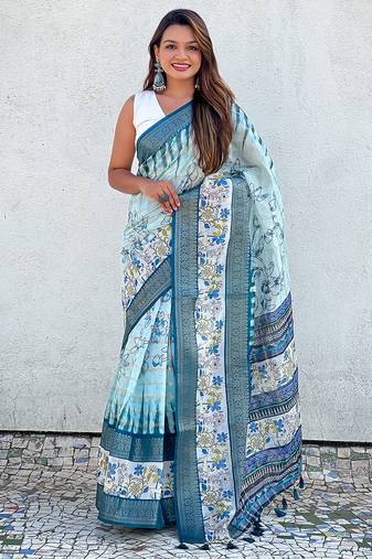 Sky blue printed chanderi crush printed saree with blouse