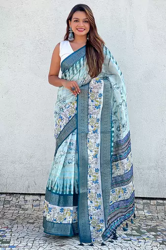 Sky blue printed chanderi crush printed saree with blouse