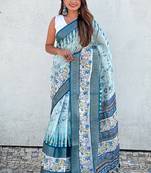 Sky blue printed chanderi crush printed saree with blouse