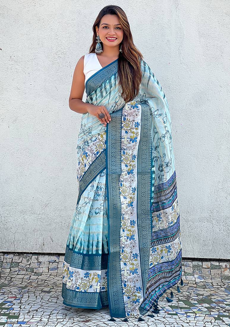 Sky blue printed chanderi crush printed saree with blouse