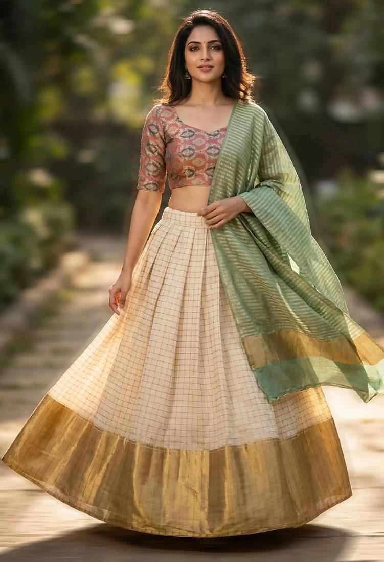 Pure Munga Silk Unstitched Banarasi Lehanga Set in Multicolour with Blouse