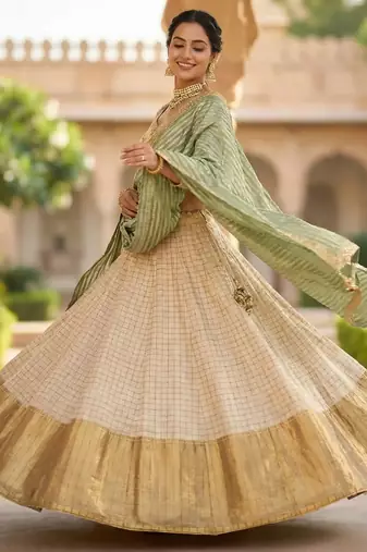Pure Munga Silk Unstitched Banarasi Lehanga Set in Multicolour with Blouse