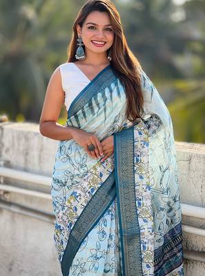 Sky blue printed chanderi crush printed saree with blouse 2