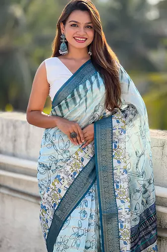Sky blue printed chanderi crush printed saree with blouse