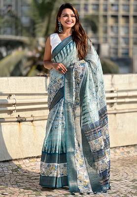 Sky blue printed chanderi crush printed saree with blouse 3