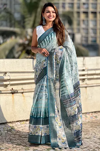Sky blue printed chanderi crush printed saree with blouse