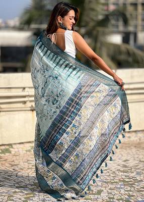 Sky blue printed chanderi crush printed saree with blouse 4