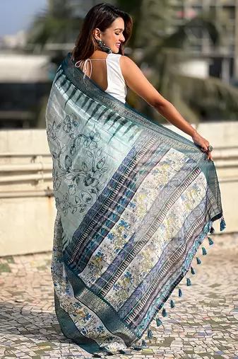 Sky blue printed chanderi crush printed saree with blouse