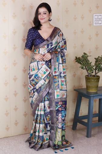 Blue printed tussar silk printed saree with blouse