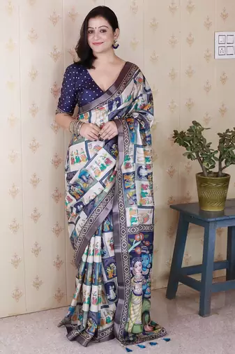 Blue printed tussar silk printed saree with blouse