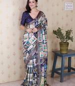Blue printed tussar silk printed saree with blouse