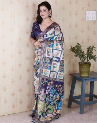 Blue printed tussar silk printed saree with blouse 3