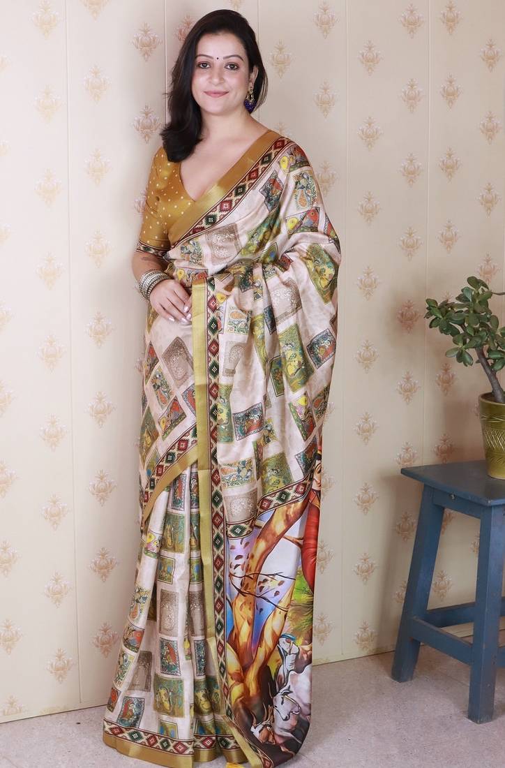 Gold printed tussar silk printed saree with blouse