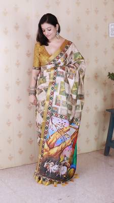 Gold printed tussar silk printed saree with blouse 2
